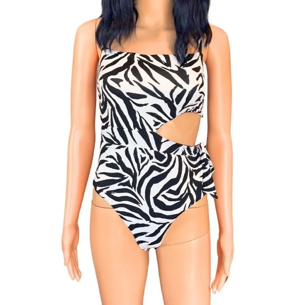 AQUA Sashed Cutout One Piece Swimsuit M NWT Zebra Print Resort Summer Vacation
